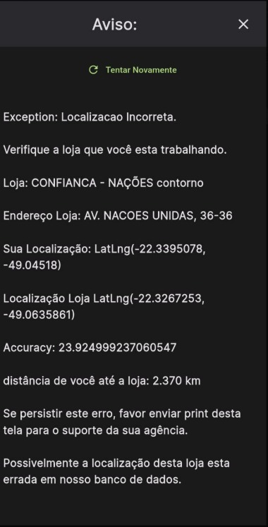 Tela de erro de localização mostrando coordenadas da loja, do promotor e distância de 2.370 km
