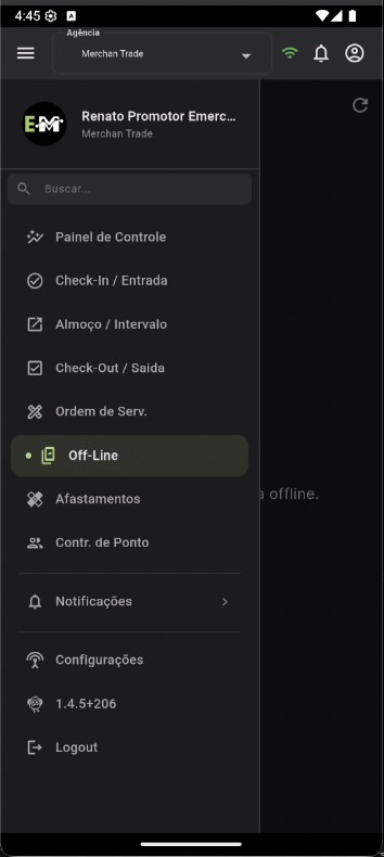 Menu lateral do app eMerchan com opções de Painel de Controle, Check-In, Almoço, Check-Out, Ordem de Serviço, Off-Line, Afastamentos, Controle de Ponto, Notificações, Configurações