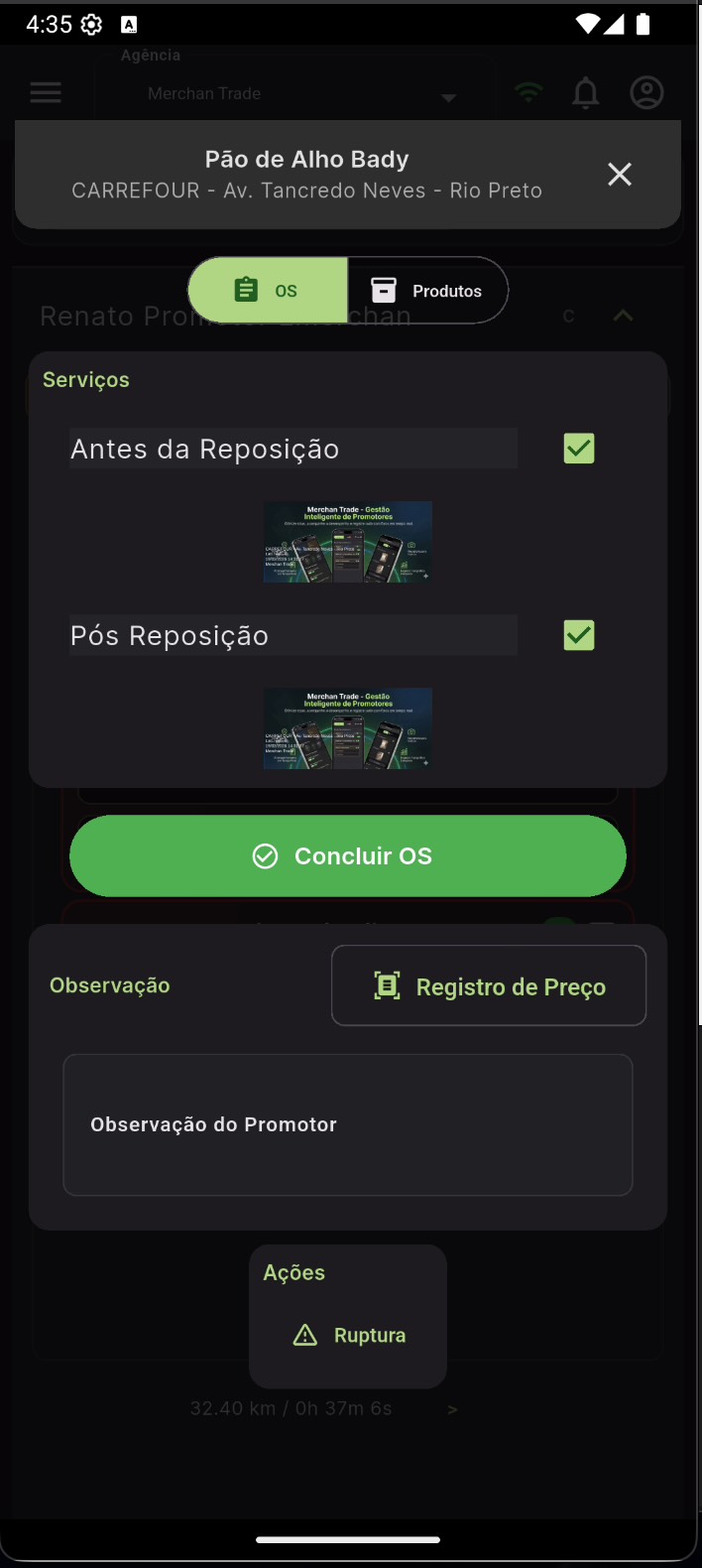Tarefas: Antes/Pós Reposição, Concluir OS, Observação, Registro de Preço, Ruptura