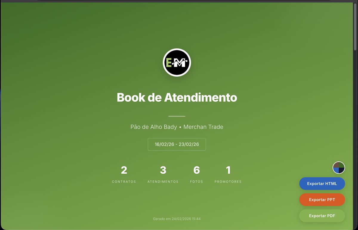 Capa do Book de Atendimento com logo, estatísticas e botões de exportação