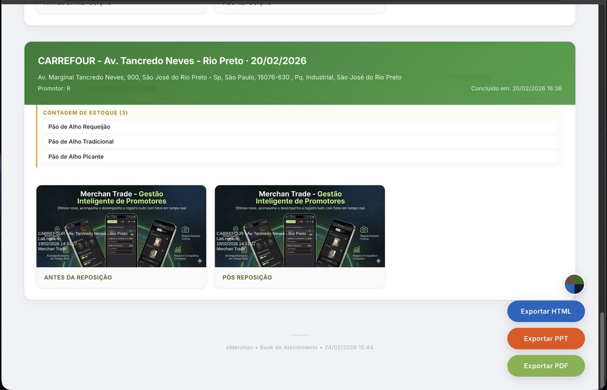 Conteúdo do Book com cabeçalho do estabelecimento, estoque e fotos antes/depois