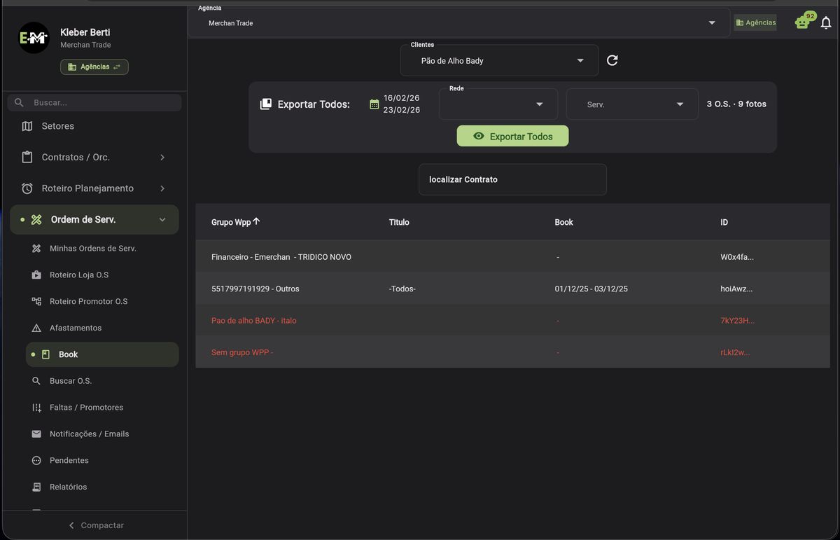 Lista de Contratos do Book com seletor de cliente, período e botão Exportar Todos