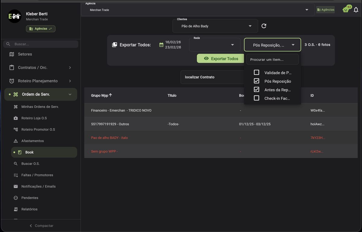 Filtro de serviço com dropdown de checkboxes aberto