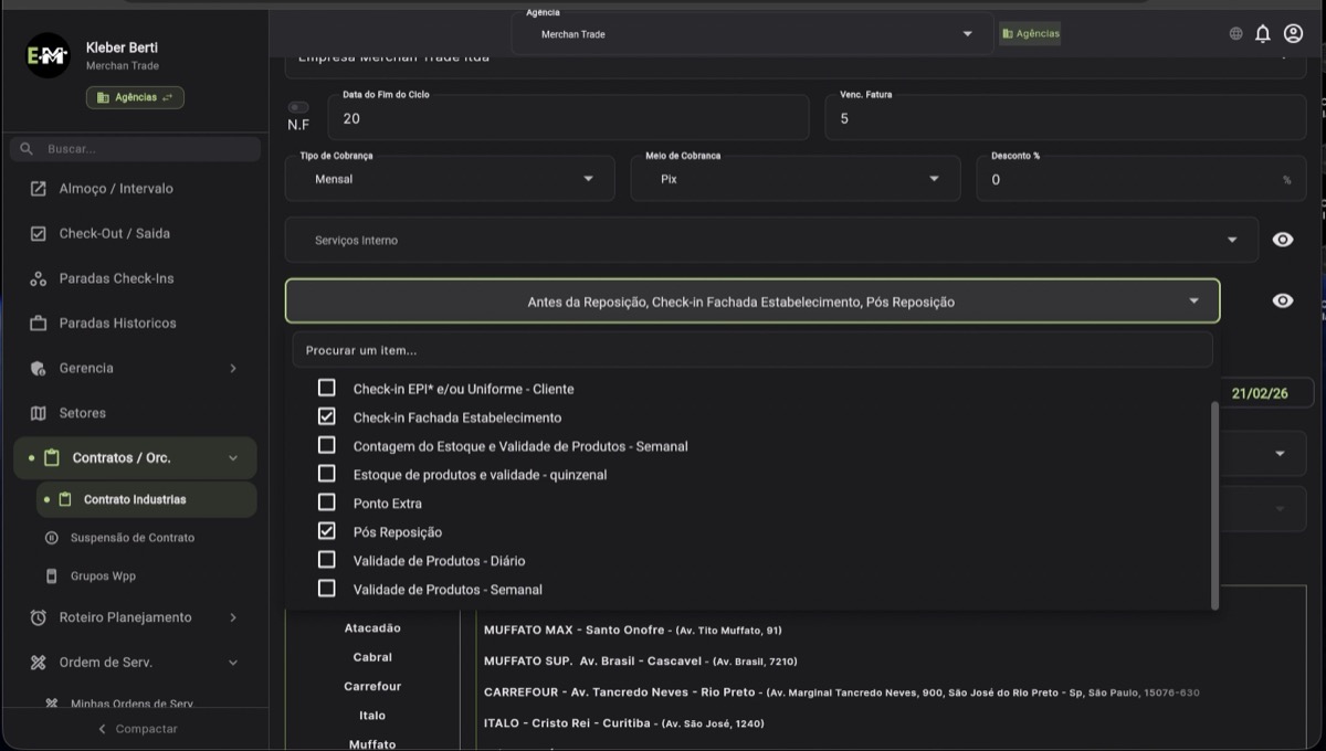 Tarefas e Visitas do Contrato
