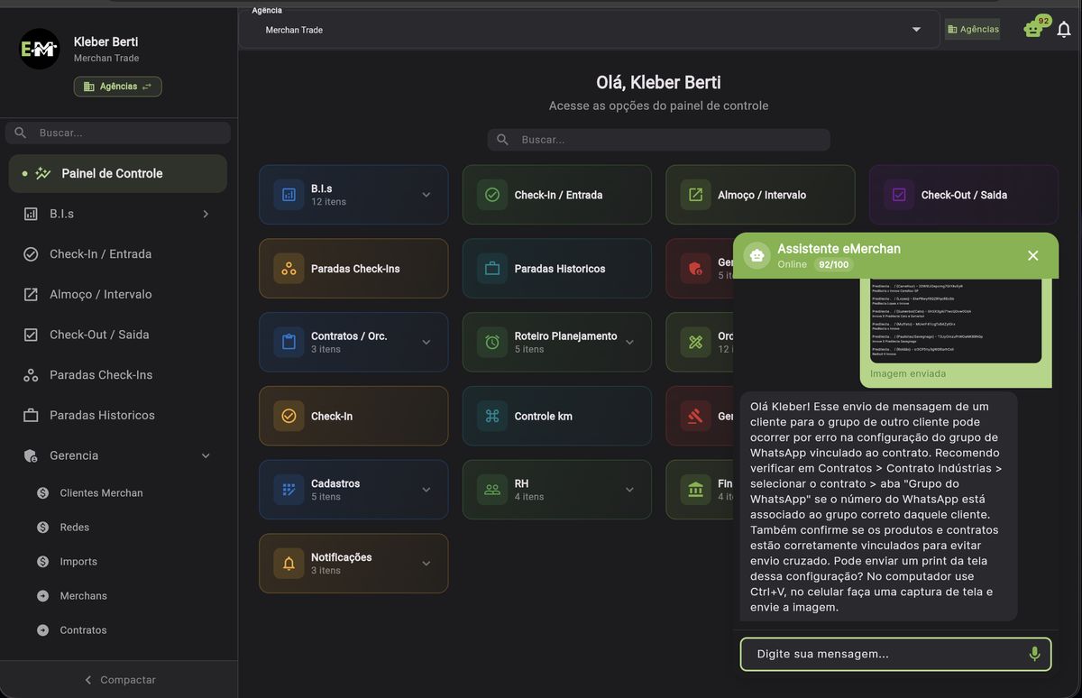 Assistente IA Logada aberto no painel do sistema, mostrando resposta sobre grupo de WhatsApp