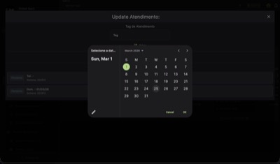 Seletor de data do calendário para escolher o dia da O.S. avulsa, exibindo março de 2026