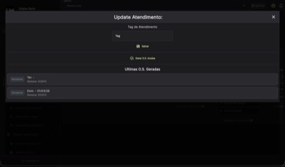 Modal Update Atendimento com botão Gerar O.S. Avulsa e lista de últimas O.S. geradas com status Pendente