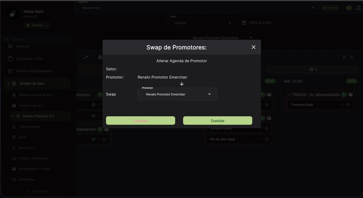 Modal Swap de Promotores na Ordem de Serviço, com campos Setor, Promotor e Swap para selecionar novo promotor, botões Cancelar e Concluir