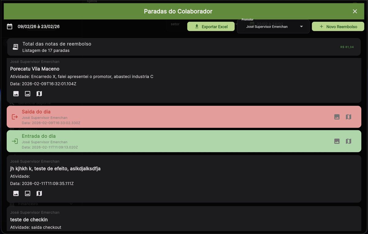 Tela de Paradas do Colaborador - entrada e saída
