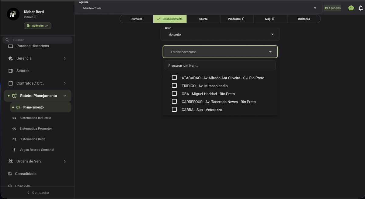 Aba Estabelecimento com dropdown de setor e lista de estabelecimentos com busca e checkboxes
