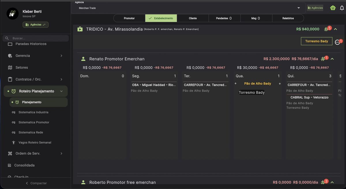 Grid expandido mostrando Renato e Roberto com detalhes de produtos, valores R$ e km, com filtro por produto