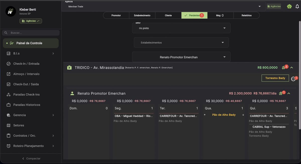 Aba Pendentes com badge mostrando 1 pendente, grid com promotor selecionado e visita pendente a ser arrastada para um dia da semana