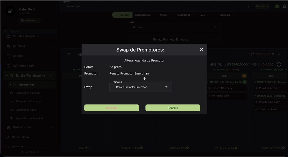Tela de Swap de Promotores para roteiro completo com campos: Setor, Promotor e Swap (novo promotor), botões Cancelar e Concluir
