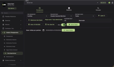 Tela de planejamento da Rota Supervisores com filtros de setor, responsável e periodicidade
