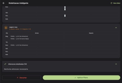 Grade de promotor com botões Descartar e Aplicar Plano