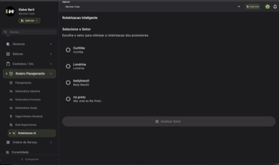 Tela de seleção de setor na Roteirização Inteligente