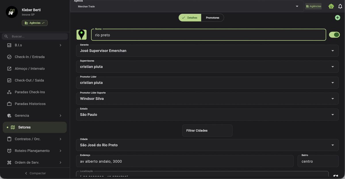 Detalhes do setor rio preto com campos: Gerente, Supervisores, Promotor Líder, Promotor Líder Suporte, Estado, Cidade, Endereço e Localização