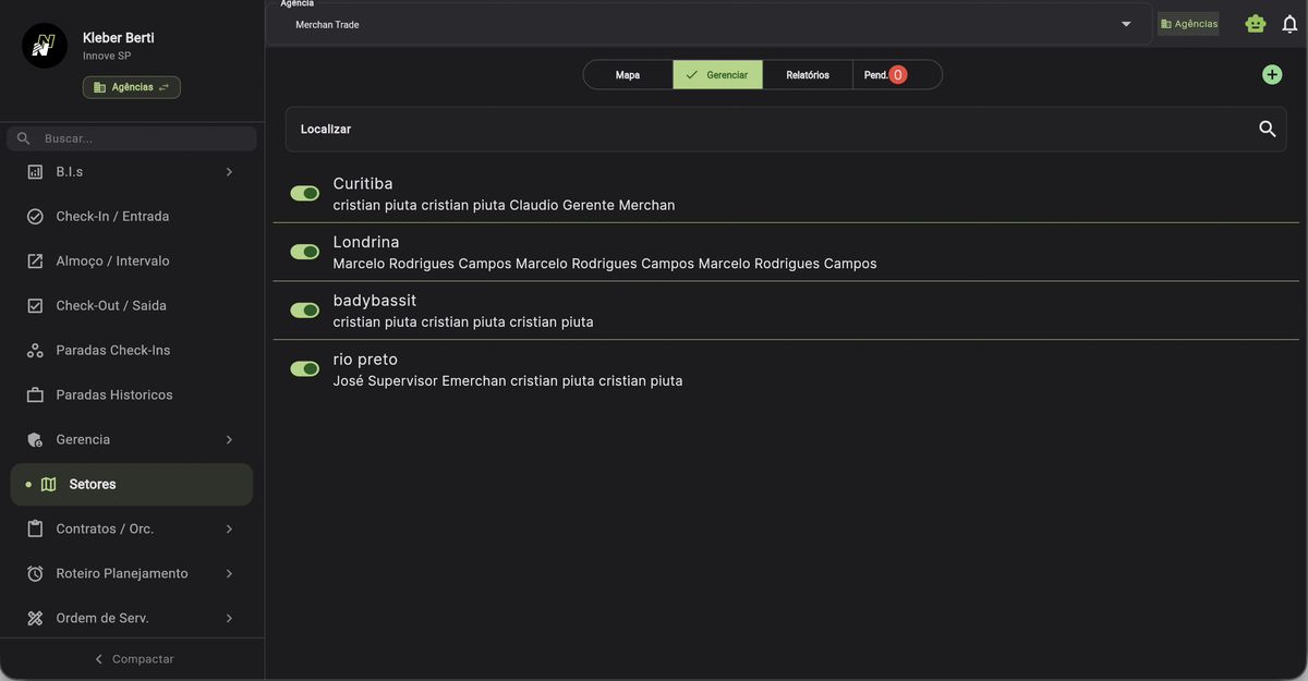 Lista de setores com toggle ativo/inativo, mostrando Curitiba, Londrina, badybassit e rio preto