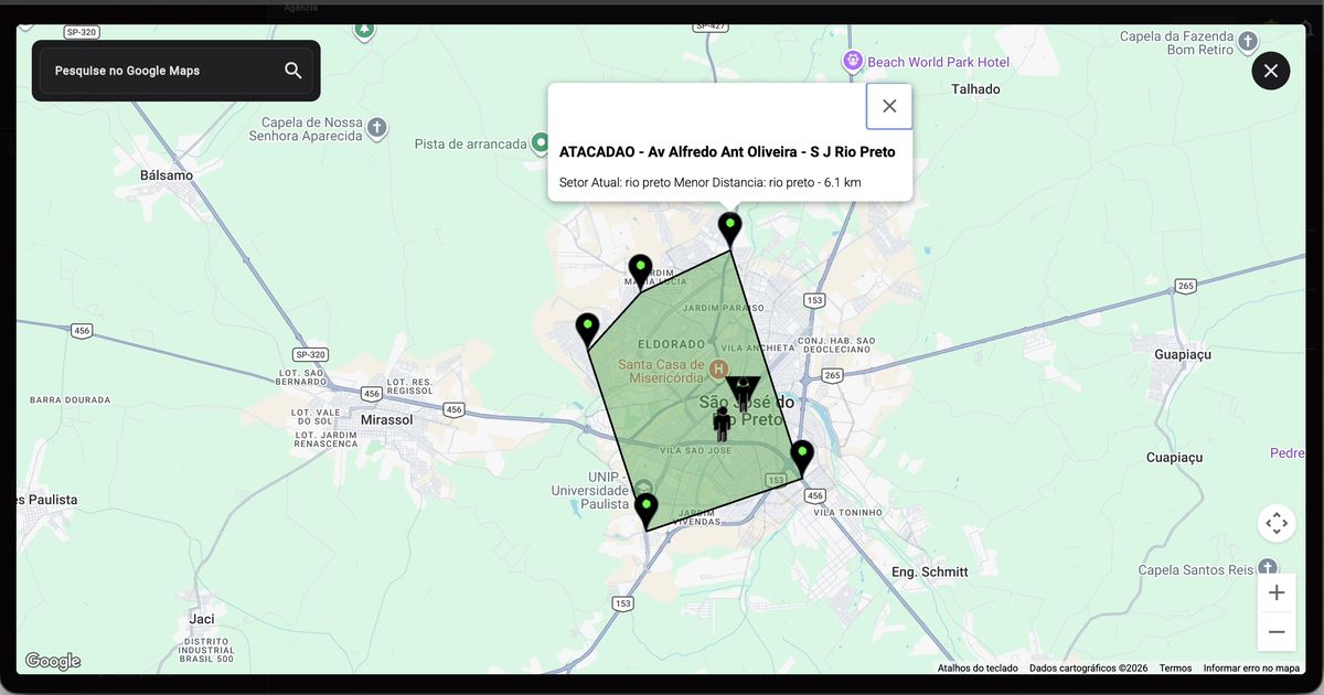 Mapa com popup mostrando ATACADAO - Av Alfredo Ant Oliveira - S J Rio Preto, Setor Atual: rio preto, Menor Distância: rio preto - 6.1 km