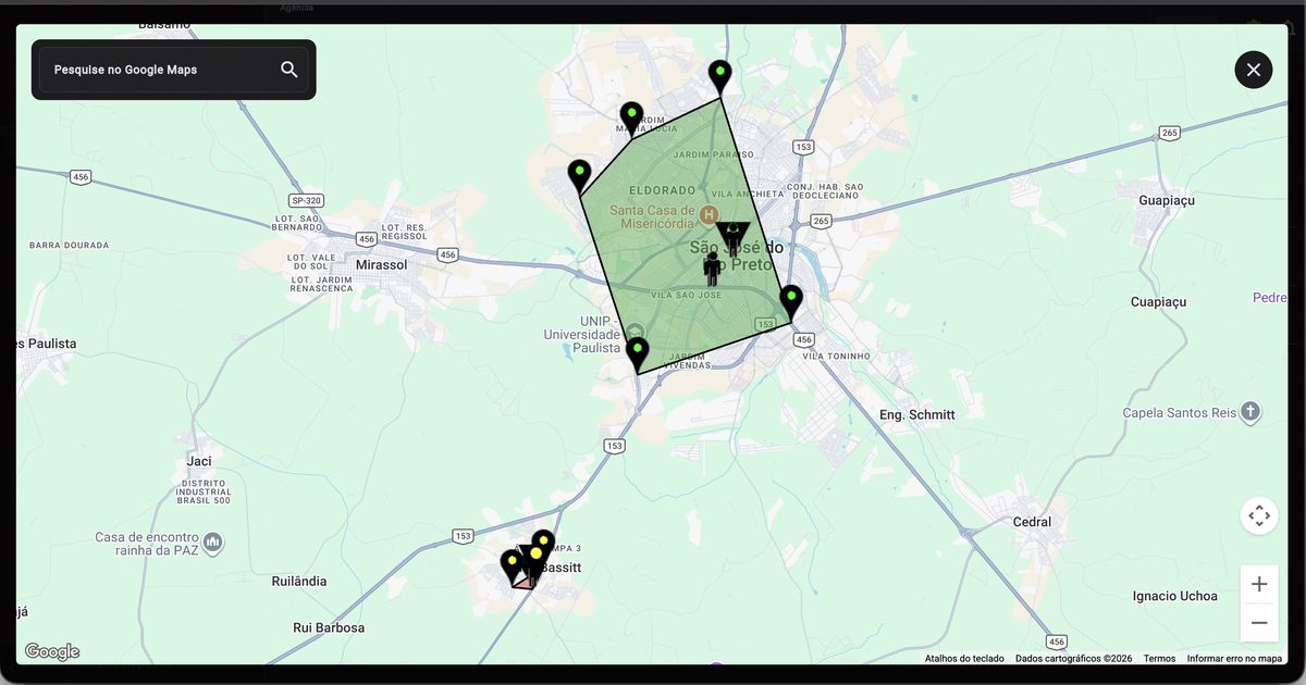 Mapa do Google Maps mostrando setores com áreas demarcadas em verde, pins de estabelecimentos e promotores na região de São José do Rio Preto