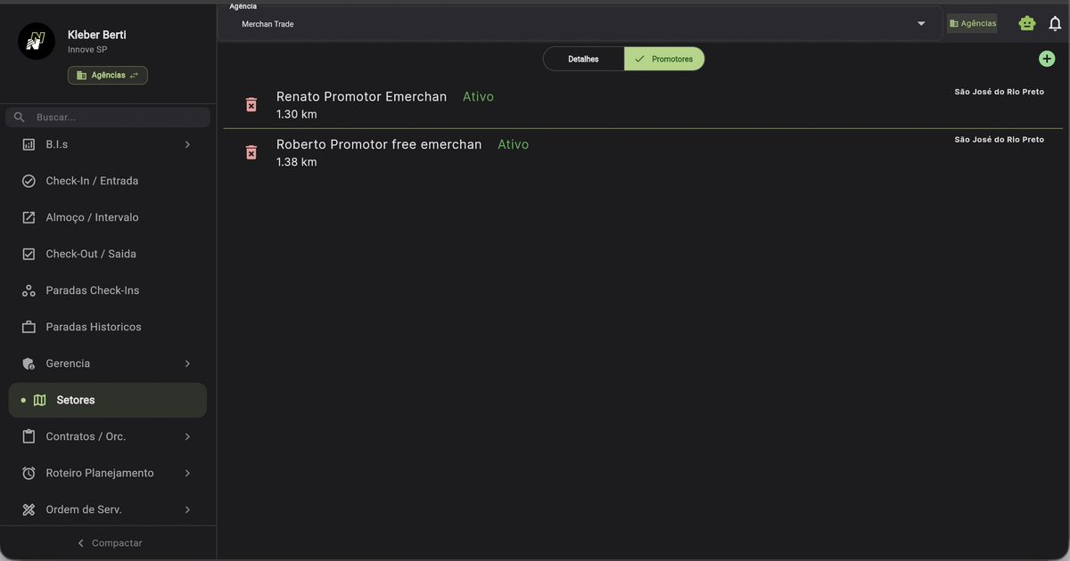 Aba Promotores do setor mostrando Renato Promotor Emerchan (Ativo, 1.30 km) e Roberto Promotor free emerchan (Ativo, 1.38 km)