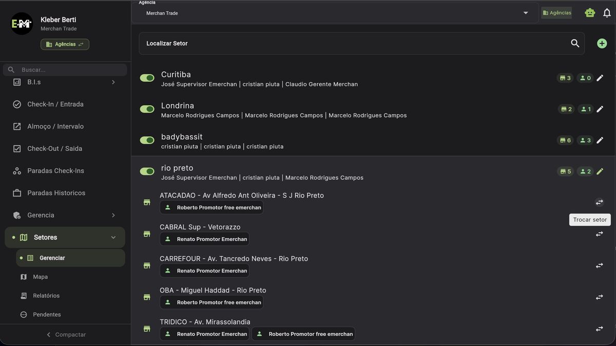 Lista de lojas do setor rio preto com botão Trocar setor ao lado de cada estabelecimento