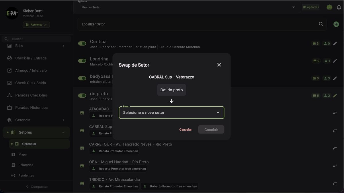 Modal Swap de Setor mostrando CABRAL Sup - Vetorazzo saindo de rio preto, com dropdown para selecionar novo setor