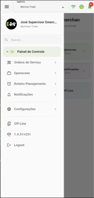 Menu lateral do app Supervisor com opções de Painel de Controle, Ordens de Serviço, Operações, Roteiro Planejamento, Notificações, Configurações e Off-Line