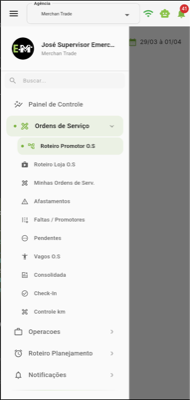 Submenu de Ordens de Serviço com opções: Roteiro Promotor O.S., Roteiro Loja O.S., Minhas Ordens, Afastamentos, Faltas/Promotores, Pendentes, Vagas O.S., Consolidada, Check In, Controle km
