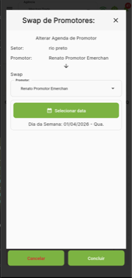Tela de Swap de Promotores com seleção de setor, promotor e data