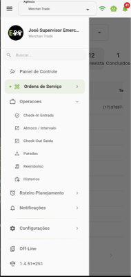 Menu de Operações com Check-in Entrada, Almoço/Intervalo, Check-Out Saída, Paradas, Reembolso e Histórico
