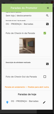 Tela de Paradas do Supervisor com check-in/out por local, vinculação de loja e foto