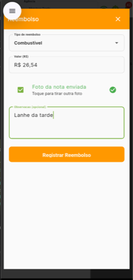 Tela de Reembolso com tipo, valor, foto da nota e observação