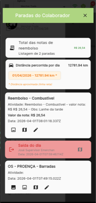 Histórico com reembolso registrado mostrando tipo, valor e observação