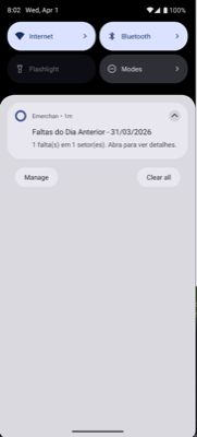 Notificação push no Android: Faltas do Dia Anterior