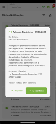 Tela de notificação detalhada de Faltas do Dia Anterior com nome e telefone do promotor