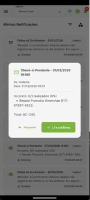 Notificação de Check-in Pendente às 9h mostrando promotores sem check-in