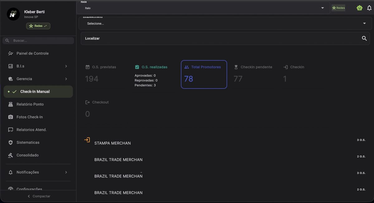 Tela de check-in manual para redes de varejo
